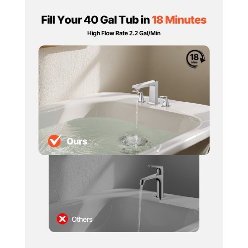VEVOR Roman Baucet Baucet, 3 Hole Waterfall Bathub Baucet, Bath Baucets Baucets set with 2 Handles, Roman Baucets Baucets Deck Mount for Pet Washing, Baby Care, Bathtub Baucet, Ασημί, Σχεδιασμός ορθής γωνίας στομίου