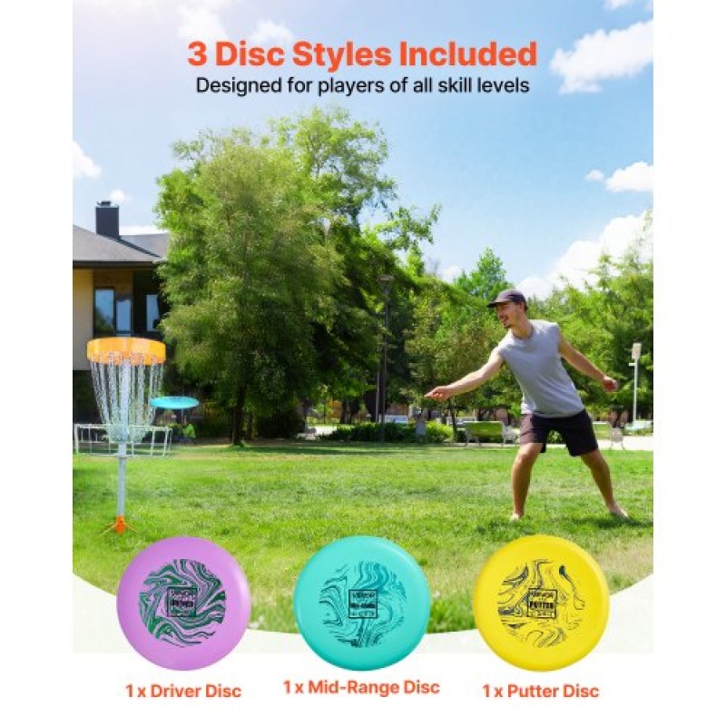VEVOR Disc Golf Set, 3 Pack Disc Golf Starter Set, Ιπτάμενοι Δίσκοι για αρχάριους για προπόνηση δύναμης σε όλο το σώμα, με Putter, Mid-Range, Driver, PDGA Approved, για υπαίθρια αυλή, γκαζόν, παραλία και πάρκο