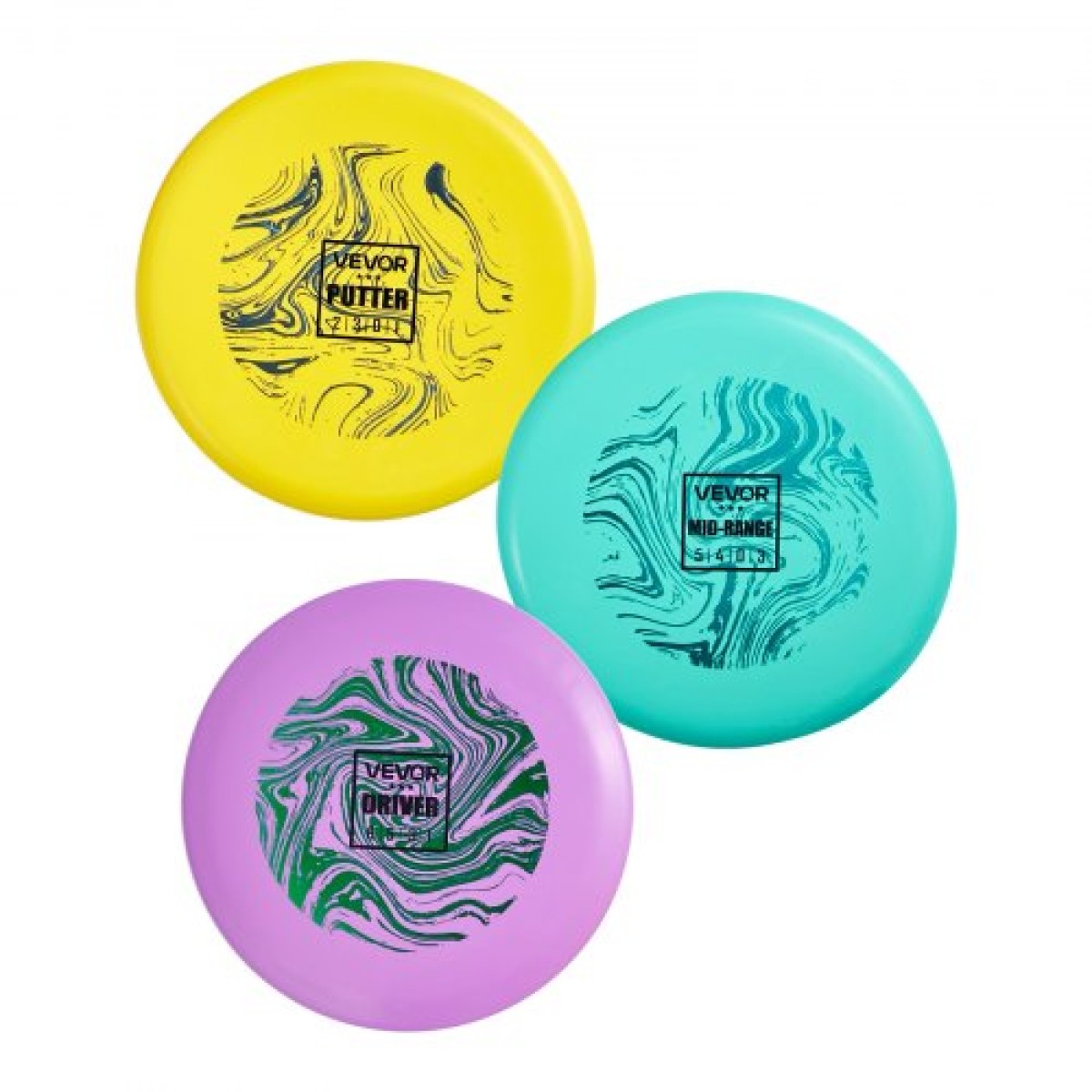 VEVOR Disc Golf Set, 3 Pack Disc Golf Starter Set, Ιπτάμενοι Δίσκοι για αρχάριους για προπόνηση δύναμης σε όλο το σώμα, με Putter, Mid-Range, Driver, PDGA Approved, για υπαίθρια αυλή, γκαζόν, παραλία και πάρκο
