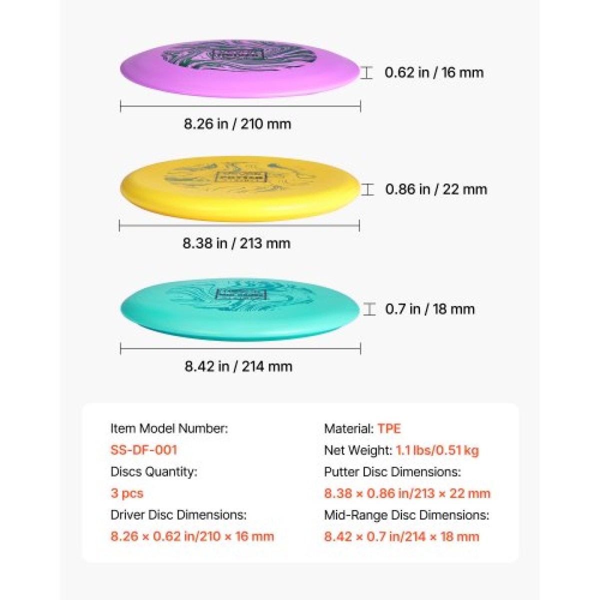 VEVOR Disc Golf Set, 3 Pack Disc Golf Starter Set, Ιπτάμενοι Δίσκοι για αρχάριους για προπόνηση δύναμης σε όλο το σώμα, με Putter, Mid-Range, Driver, PDGA Approved, για υπαίθρια αυλή, γκαζόν, παραλία και πάρκο