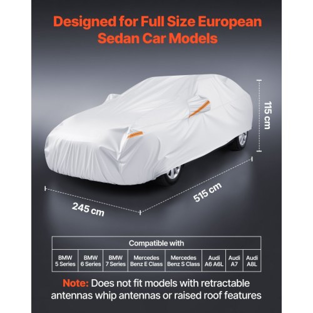 VEVOR Car Cover, Car Cover Waterproof for Full Size European Sedan Cars Models, Custom-fit All Weather Sun Rain Wind Dust Snow Protection Full Exterior Covers with Door Zipper & Cotton Lining, Silver
