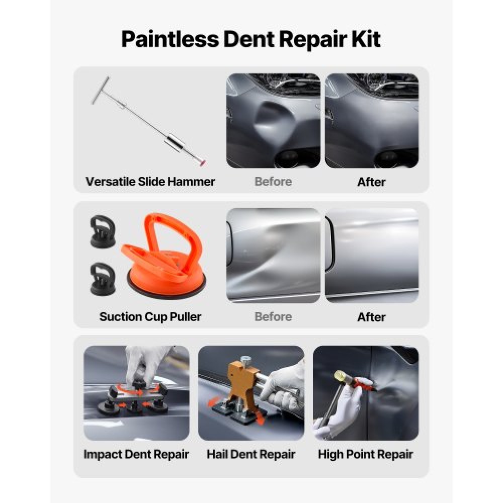 VEVOR Dent Puller Kit, 100 PCS Paintless Dent Removal Kit με Golden Lifter, Bridge Puller, Slide Hammer T-Bar, Glue Gun, Auto Body Hail Demage Remover Tools for Car Refrigerator Door Ding Repair
