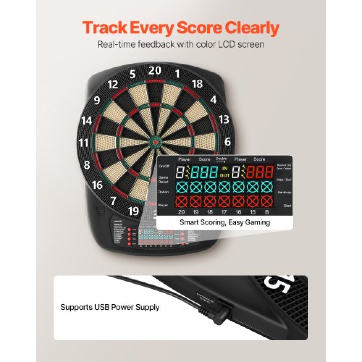VEVOR Electronic Dart Board, 336mm Target Dartboard με 43 παιχνίδια & 200+ παραλλαγές για έως και 8 παίκτες, 6 άξονες βελών με πτήσεις & 50 soft tips, έγχρωμη οθόνη βαθμολογίας LCD για αίθουσες παιχνιδιών Home Party