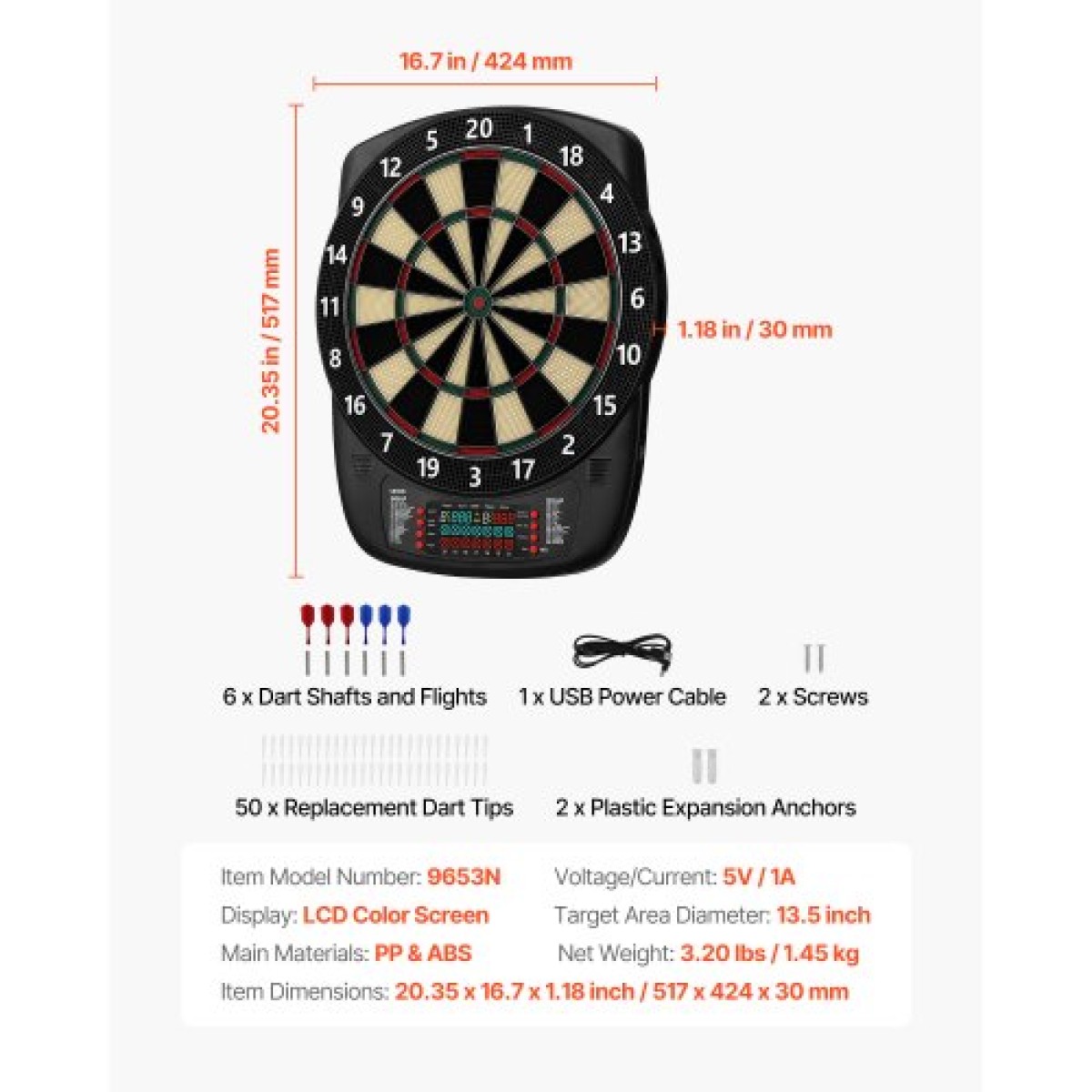 VEVOR Electronic Dart Board, 336mm Target Dartboard με 43 παιχνίδια & 200+ παραλλαγές για έως και 8 παίκτες, 6 άξονες βελών με πτήσεις & 50 soft tips, έγχρωμη οθόνη βαθμολογίας LCD για αίθουσες παιχνιδιών Home Party