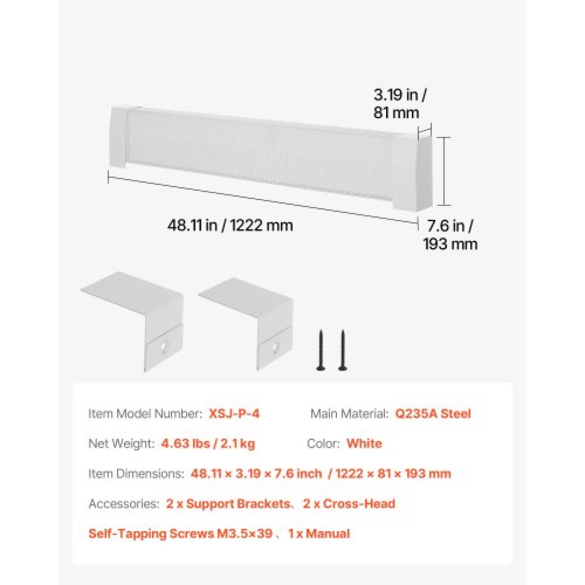 Καλύμματα θερμαντήρα βάσης VEVOR, Premium Series 1222 mm Τυπική ηλεκτρική μονάδα θέρμανσης Μπροστινό κάλυμμα για τη βελτίωση του σπιτιού, βαρέως τύπου ατσάλι, εύκολη τοποθέτηση για υπνοδωμάτιο αντικατάσταση παλιού καλύμματος, λευκό