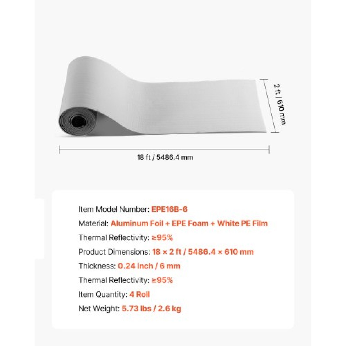 VEVOR Reflective Insulation Roll, 2 Carage Door Thermal Insulation Kit, 6mm 5,49 m x 0,61 m, 4 Rolls Foil Aluminum EPE Foam Radiant Barrier, White Heat Shield PE για γκαραζόπορτες