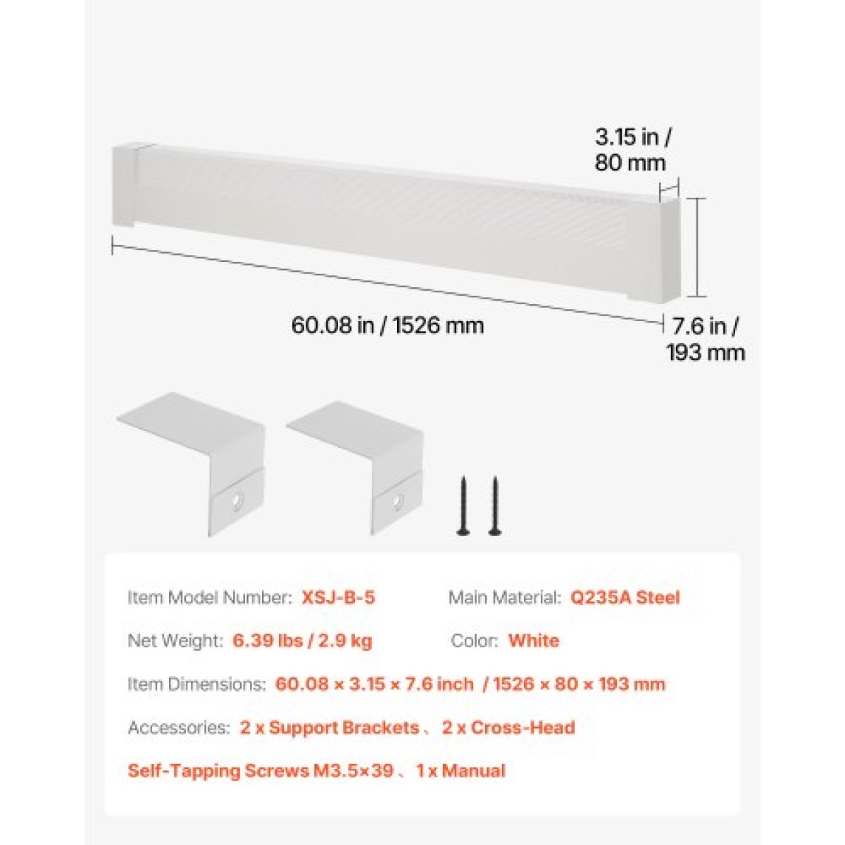 Καλύμματα θερμαντήρα βάσης VEVOR, Basic Series 1526 mm Τυπική ηλεκτρική μονάδα θέρμανσης Μπροστινό κάλυμμα για τη βελτίωση του σπιτιού, χάλυβας βαρέως τύπου, Εύκολη εγκατάσταση για την αντικατάσταση του παλιού καλύμματος κρεβατοκάμαρας, λευκό
