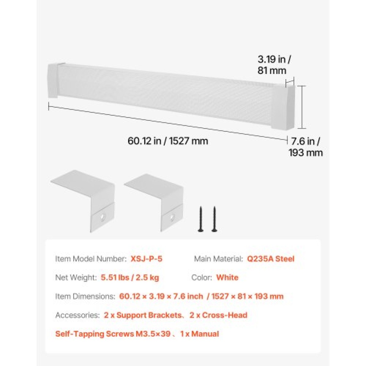 Καλύμματα θέρμανσης βάσης VEVOR, Premium Series 1527 mm Τυπική ηλεκτρική μονάδα θέρμανσης Μπροστινό κάλυμμα για Βελτίωση σπιτιού, Χάλυβας βαρέως τύπου, Εύκολη τοποθέτηση για υπνοδωμάτιο Αντικατάσταση παλιού καλύμματος, λευκό