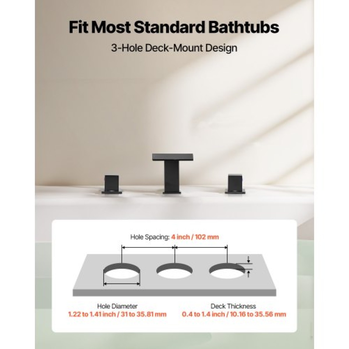 VEVOR Roman Baucet Baucet, 3 Hole Waterfall Bathub Baucet, Bath Baucets Baucets with 2 Handle, Roman Baucets Baucets Deck Mount for Pet Washing, Baby Care, Bathing Bathub, Matte Black, Inox