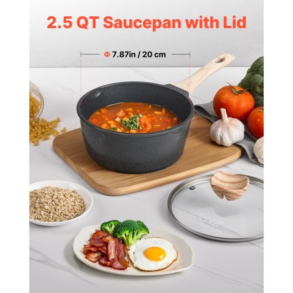 VEVOR 2.5 QT Saucepan, Nonstick Saucepan with Tempered Glass Lid, Multipurpose Cooking Sauce Pot with Detachable Handle, Sauce Pan Small Kitchen Cooking Pot with Coating, Induction Compatible, Black