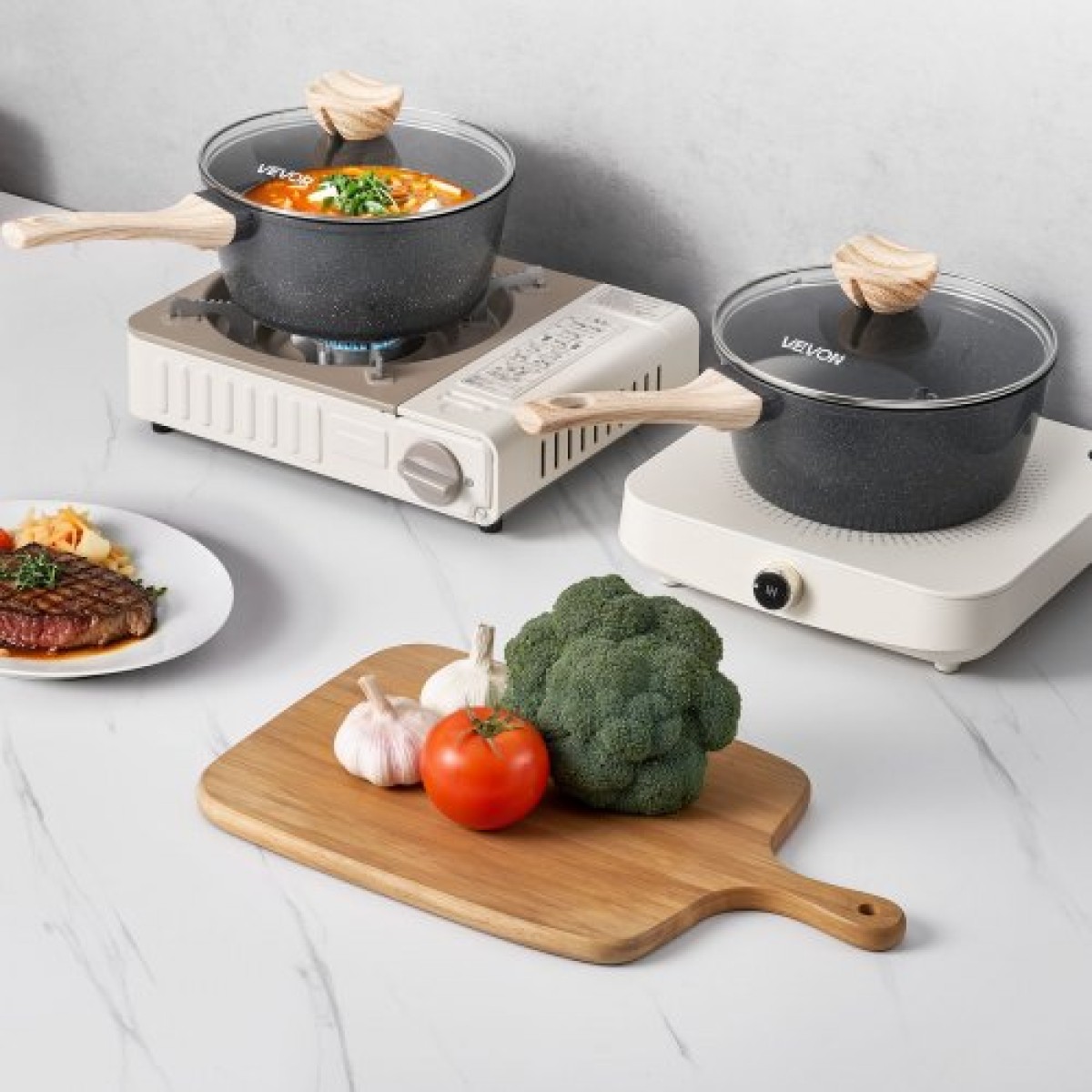 Κατσαρόλα VEVOR 2.5 QT, Αντικολλητικό τηγάνι με γυάλινο καπάκι, Κατσαρόλα ψησίματος πολλαπλών χρήσεων με αποσπώμενο χερούλι, κατσαρόλα μικρή κουζίνα κουζίνας με επικάλυψη, συμβατό με επαγωγή, μαύρο
