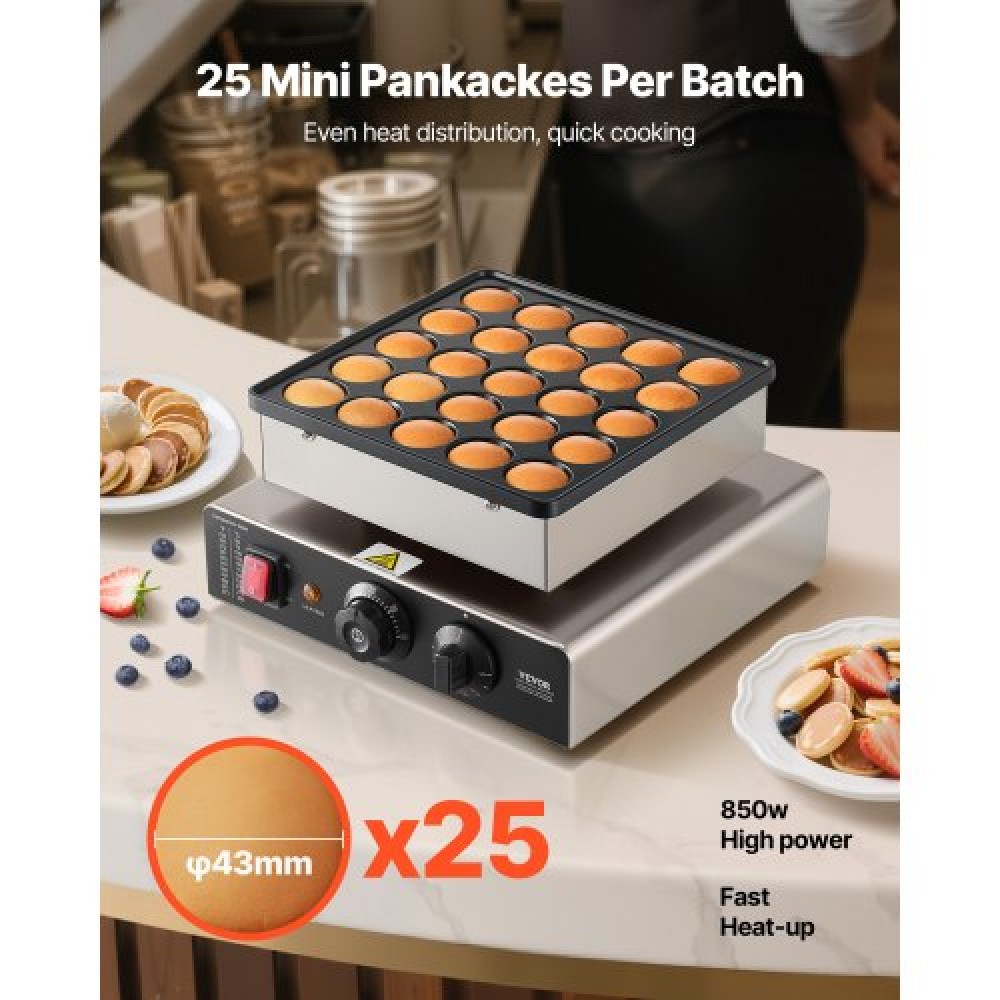 VEVOR Mini Pancake Maker, 25 ΤΕΜ. 43mm Διάμετρος Ολλανδικός Μάφιν Βαφλιέρα, Αντικολλητικό Ανοξείδωτο Γκριλ Poffertjes, Επαγγελματικό Ηλεκτρικό Μηχάνημα Dorayaki, Temp & Time Control, Εστιατόριο κουζίνας σπιτιού