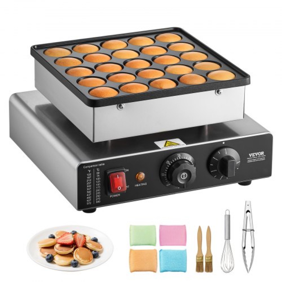 VEVOR Mini Pancake Maker, 25 ΤΕΜ. 43mm Διάμετρος Ολλανδικός Μάφιν Βαφλιέρα, Αντικολλητικό Ανοξείδωτο Γκριλ Poffertjes, Επαγγελματικό Ηλεκτρικό Μηχάνημα Dorayaki, Temp & Time Control, Εστιατόριο κουζίνας σπιτιού