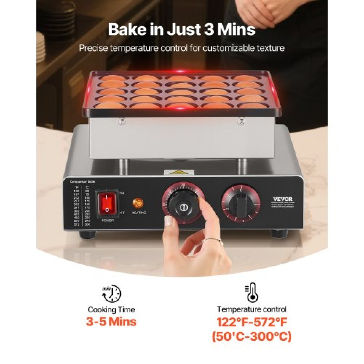 VEVOR Mini Pancake Maker, 25 ΤΕΜ. 43mm Διάμετρος Ολλανδικός Μάφιν Βαφλιέρα, Αντικολλητικό Ανοξείδωτο Γκριλ Poffertjes, Επαγγελματικό Ηλεκτρικό Μηχάνημα Dorayaki, Temp & Time Control, Εστιατόριο κουζίνας σπιτιού