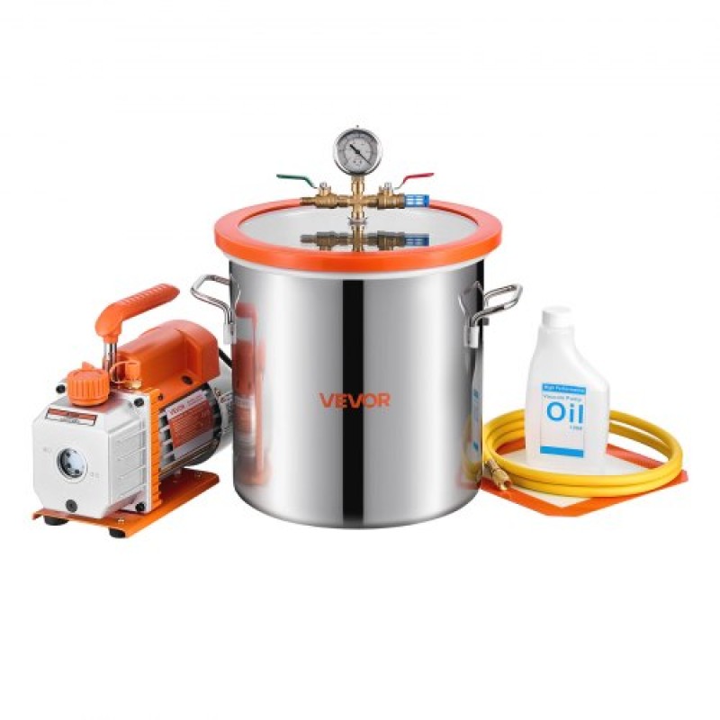 Θάλαμος κενού VEVOR 11,36 L με αντλία, 3,5 CFM 99 L/min, Μονοβάθμια αντλία κενού, κιτ θαλάμου απαέρωσης από ανοξείδωτο χάλυβα, καπάκι από σκληρυμένο γυαλί, σωλήνας 1,5 m, για σταθεροποίηση ρητίνης σιλικόνης απαερίωσης ξύλου