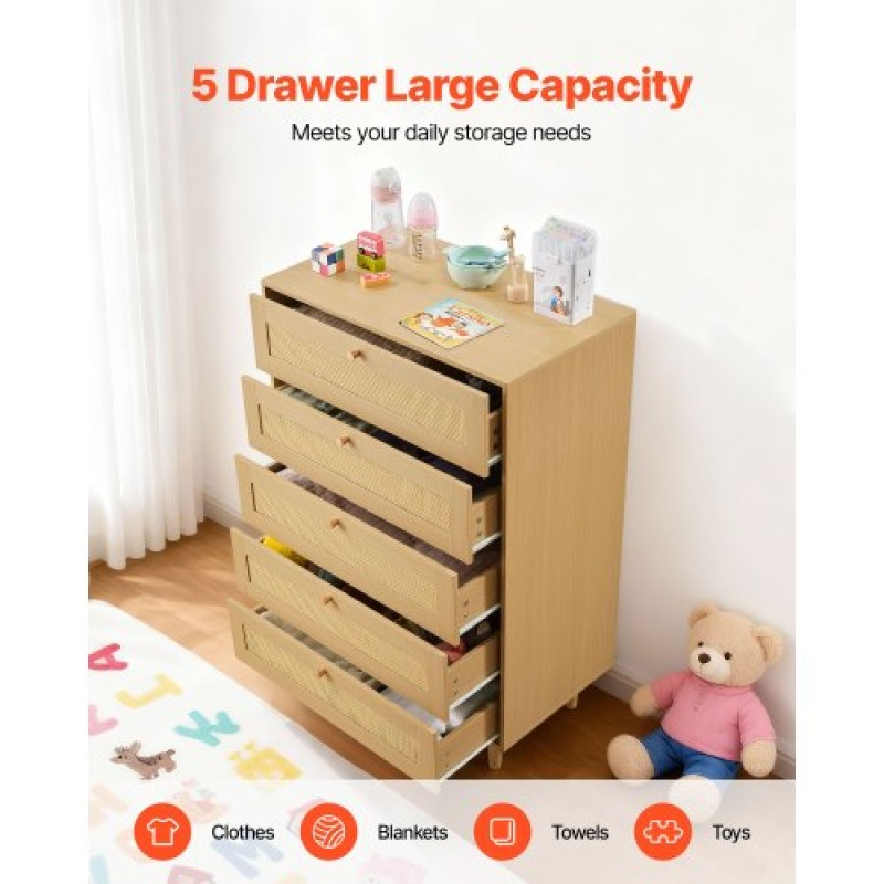 VEVOR 5 Συρταριέρα Rattan Dresser, Μοντέρνα ντουλάπα συρταριέρα για υπνοδωμάτιο, Natural Rattan συρταριέρα με μεταλλικές λαβές & ξύλινα πόδια, οργανωτή ρούχων & αποθήκευση για υπνοδωμάτιο, σαλόνι, διάδρομος