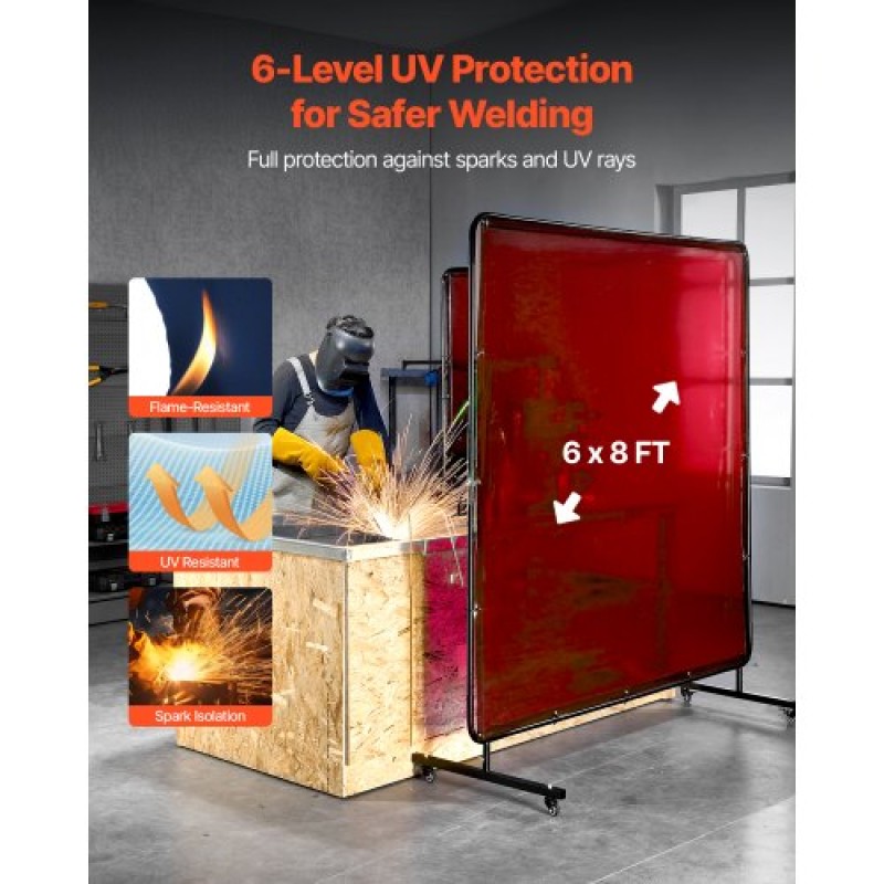 VEVOR 2PCS Welding Curtains, 1,74 x 2,34m Welding Screen Curtain, Fire-Resistant Vinyl Safety Protective Screen with 6-Level UV Protection & Hanging Drips, Φορητό για εργαστήριο/βιομηχανική χρήση, κόκκινο