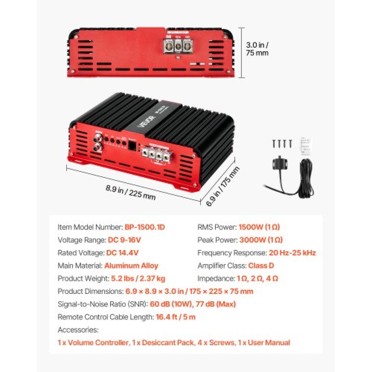Ενισχυτής αυτοκινήτου VEVOR Monoblock, 1500W RMS MAX, 1/2/4 Ohm Stable, Ενισχυτής ήχου αυτοκινήτου κατηγορίας D 1 καναλιού με απομακρυσμένο έλεγχο στάθμης υπογούφερ, φίλτρο χαμηλής διέλευσης και ενίσχυση μπάσων, περιλαμβάνεται ελεγκτής έντασης ήχου