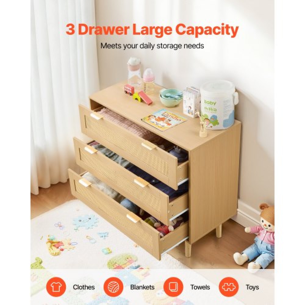 VEVOR 3 Συρταριέρα Rattan Dresser, Μοντέρνα ντουλάπα συρταριέρα για υπνοδωμάτιο, Natural Rattan συρταριέρα με μεταλλικές λαβές & ξύλινα πόδια, οργάνωση ρούχων και αποθήκη για υπνοδωμάτιο, σαλόνι, διάδρομος