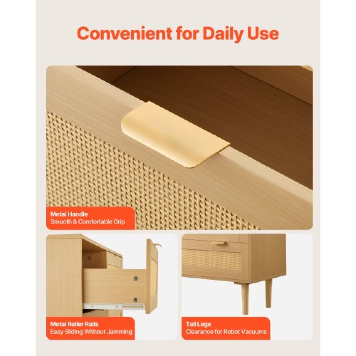 VEVOR 3 Συρταριέρα Rattan Dresser, Μοντέρνα ντουλάπα συρταριέρα για υπνοδωμάτιο, Natural Rattan συρταριέρα με μεταλλικές λαβές & ξύλινα πόδια, οργάνωση ρούχων και αποθήκη για υπνοδωμάτιο, σαλόνι, διάδρομος