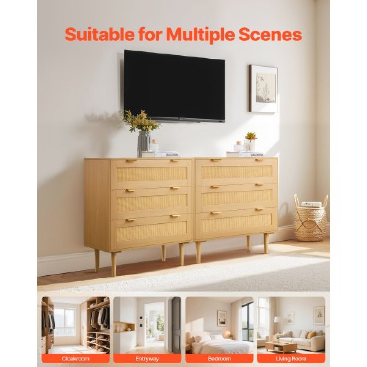 VEVOR 3 Συρταριέρα Rattan Dresser, Μοντέρνα ντουλάπα συρταριέρα για υπνοδωμάτιο, Natural Rattan συρταριέρα με μεταλλικές λαβές & ξύλινα πόδια, οργάνωση ρούχων και αποθήκη για υπνοδωμάτιο, σαλόνι, διάδρομος