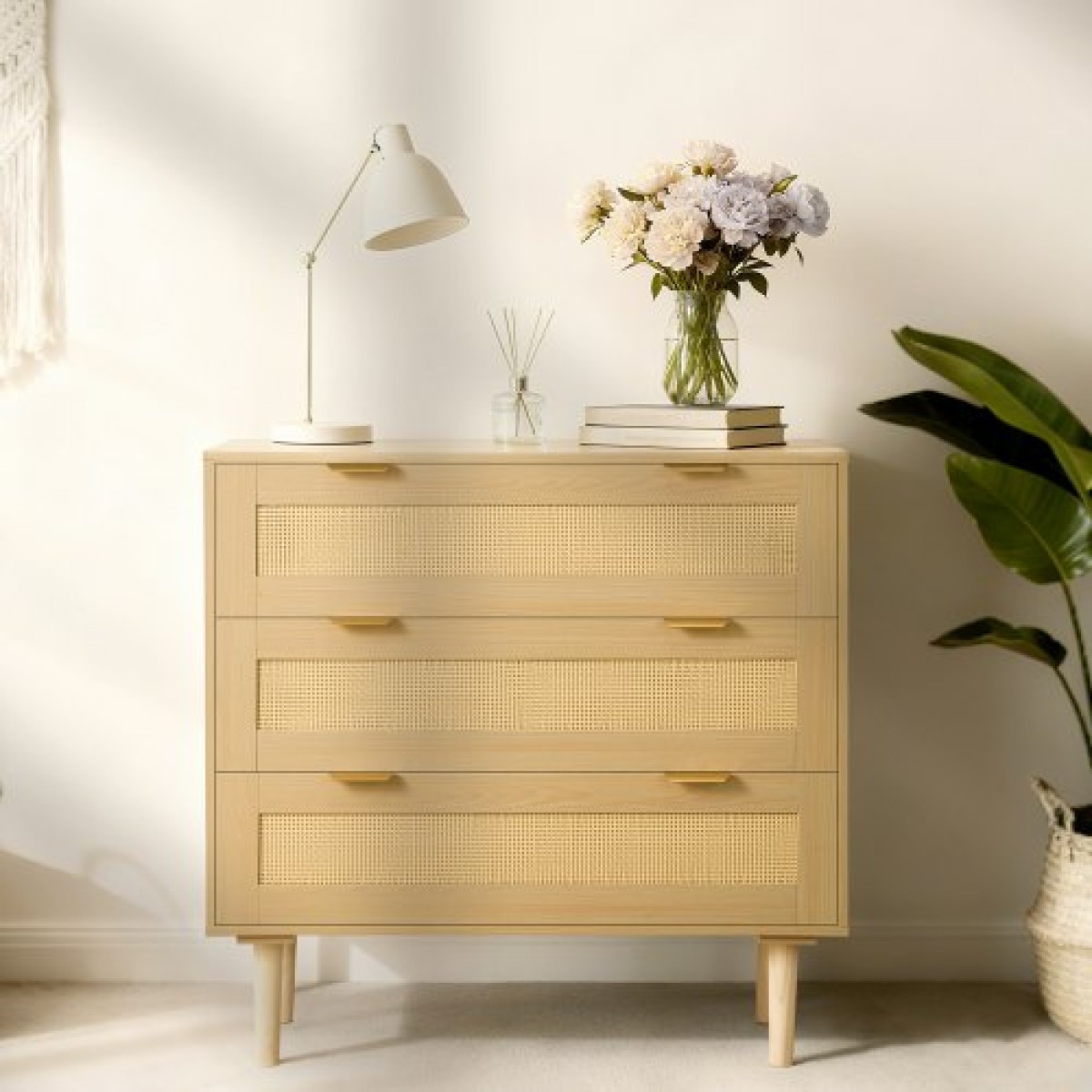 VEVOR 3 Συρταριέρα Rattan Dresser, Μοντέρνα ντουλάπα συρταριέρα για υπνοδωμάτιο, Natural Rattan συρταριέρα με μεταλλικές λαβές & ξύλινα πόδια, οργάνωση ρούχων και αποθήκη για υπνοδωμάτιο, σαλόνι, διάδρομος