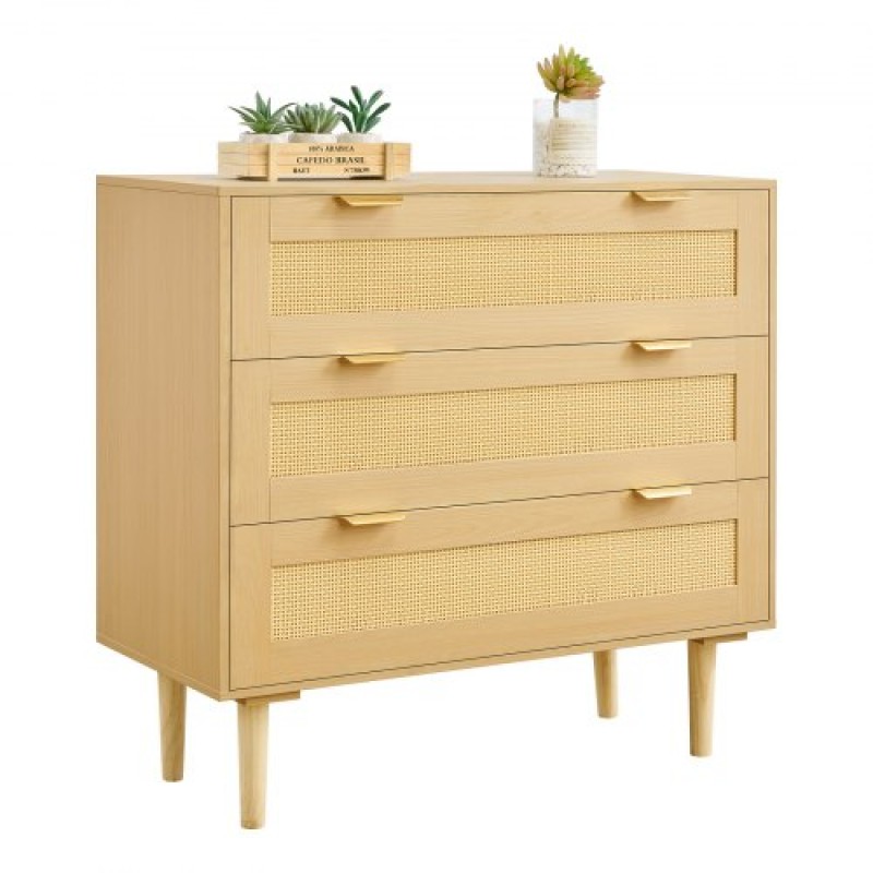 VEVOR 3 Συρταριέρα Rattan Dresser, Μοντέρνα ντουλάπα συρταριέρα για υπνοδωμάτιο, Natural Rattan συρταριέρα με μεταλλικές λαβές & ξύλινα πόδια, οργάνωση ρούχων και αποθήκη για υπνοδωμάτιο, σαλόνι, διάδρομος