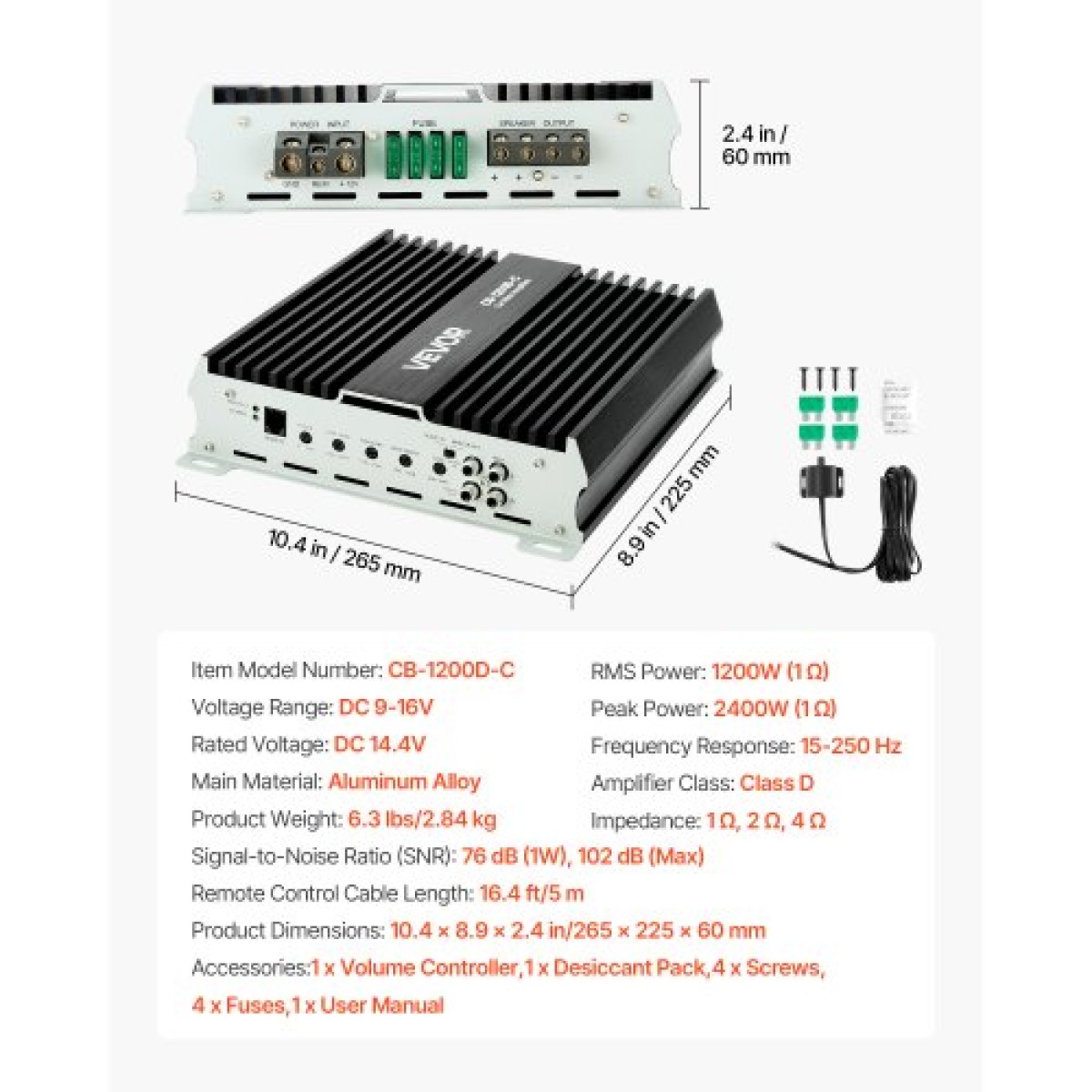 Ενισχυτής αυτοκινήτου VEVOR Monoblock, 1200W RMS MAX, 1/2/4 Ohm Stable, Ενισχυτής ήχου αυτοκινήτου κατηγορίας D 1 καναλιού με απομακρυσμένο έλεγχο στάθμης υπογούφερ, φίλτρο χαμηλής διέλευσης, ενίσχυση μπάσων & μετατόπιση φάσης, ελεγκτής έντασης ήχου