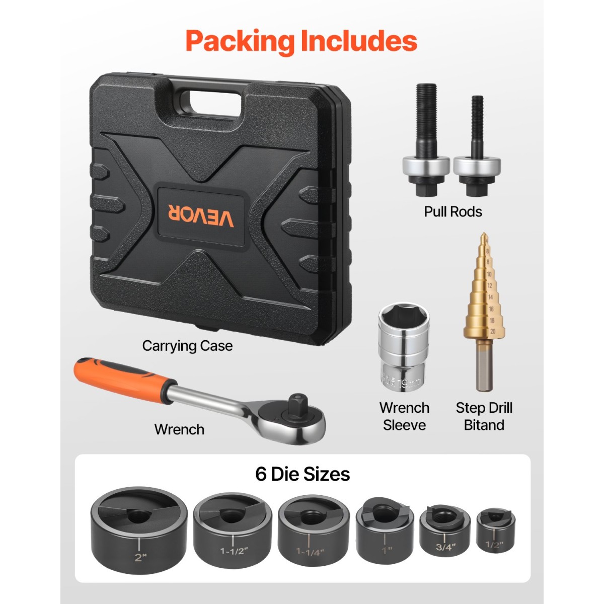 VEVOR Knockout Punch Set, 12,7 έως 50,8mm SLUG-Buster Ratchet Knockout Set, Ratchet Wrench Knockouts Punch Set για αλουμίνιο, ήπιο ατσάλι, υαλοβάμβακα, πλαστικά, 6 μεγέθη μήτρας, 40Cr Steel Ko Tool Kit