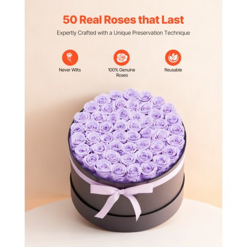 VEVOR Forever Flowers, 50 διατηρημένα τριαντάφυλλα σε ένα κουτί, Αιώνια λουλούδια Αθάνατη ανθοδέσμη Δώρο γενεθλίων για γυναίκες Μητέρες της γυναίκας της, επέτειος, ημέρα του Αγίου Βαλεντίνου, Χριστούγεννα, Μωβ λεβάντα