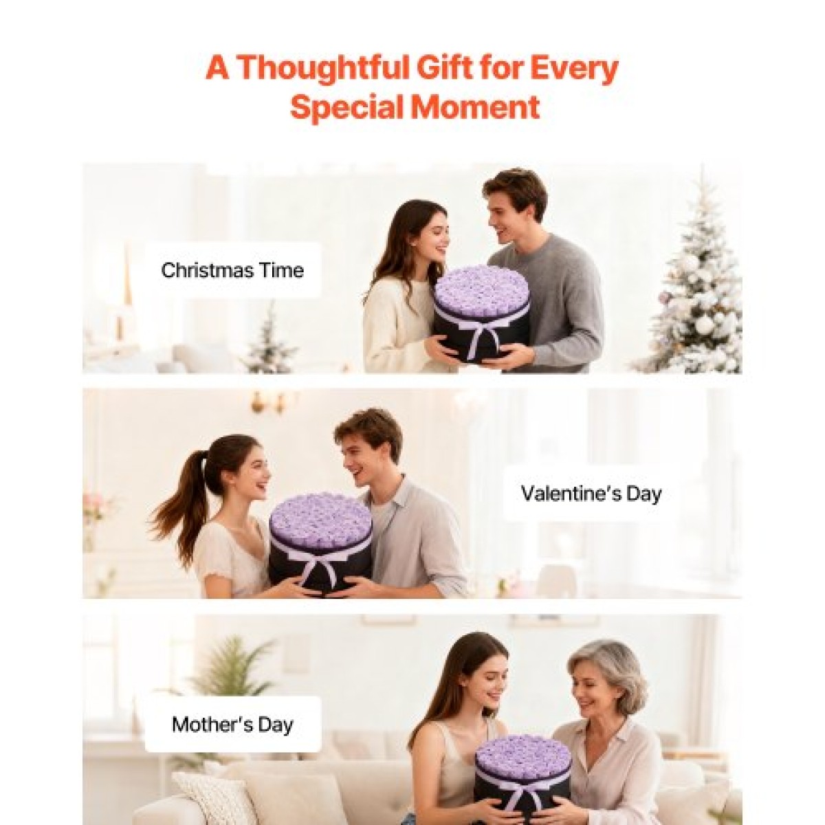 VEVOR Forever Flowers, 50 διατηρημένα τριαντάφυλλα σε ένα κουτί, Αιώνια λουλούδια Αθάνατη ανθοδέσμη Δώρο γενεθλίων για γυναίκες Μητέρες της γυναίκας της, επέτειος, ημέρα του Αγίου Βαλεντίνου, Χριστούγεννα, Μωβ λεβάντα