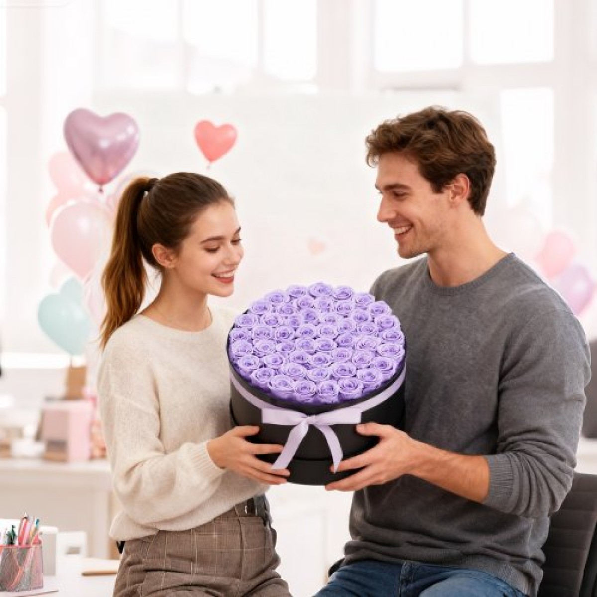 VEVOR Forever Flowers, 50 διατηρημένα τριαντάφυλλα σε ένα κουτί, Αιώνια λουλούδια Αθάνατη ανθοδέσμη Δώρο γενεθλίων για γυναίκες Μητέρες της γυναίκας της, επέτειος, ημέρα του Αγίου Βαλεντίνου, Χριστούγεννα, Μωβ λεβάντα