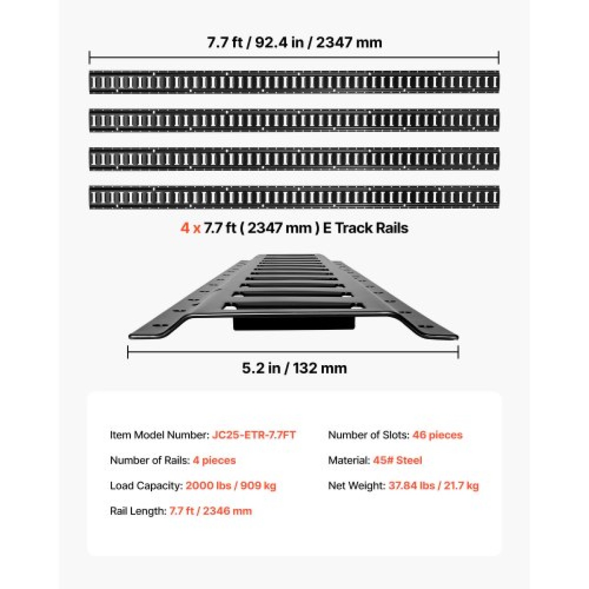 Ράγες δεσίματος VEVOR E-Track, 4 Pack, 2,3 m E Rail Track που ασφαλίζουν φορτίο και βαριά φορτία έως 909 kg, Σύστημα δεσίματος τρέιλερ Κατάλληλο για γκαράζ, φορτηγά, δέσιμο μοτοσυκλετών, βάσεις ATV