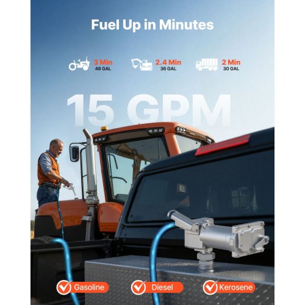 VEVOR Fuel Transfer Pump, 12V DC 57 L/min, Cast Iron Diesel Transfer Pump Kit, with Manual Shut-Off Nozzle, Discharge Hose, Overheat Protection, 1/3 HP Explosion-Proof, for Gasoline Diesel Kerosene