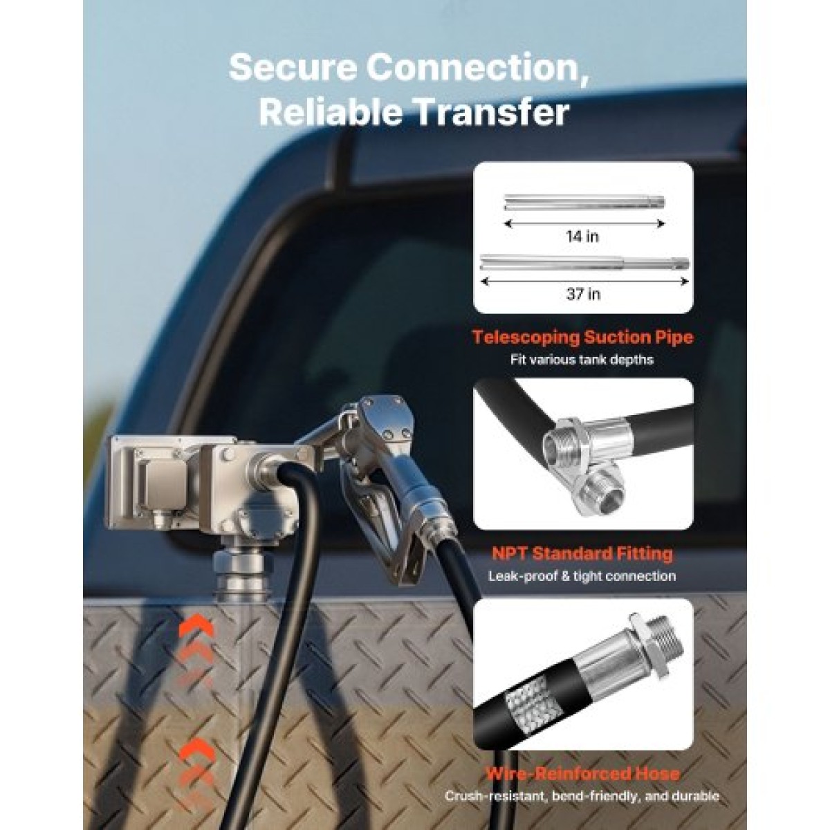 Αντλία μεταφοράς καυσίμου VEVOR, 12V DC 57 L/min, Κιτ αντλίας μεταφοράς ντίζελ από χυτοσίδηρο, με ακροφύσιο χειροκίνητης απενεργοποίησης, σωλήνας εκκένωσης, προστασία υπερθέρμανσης, 1/3 HP αντιεκρηκτικό, για βενζίνη πετρελαίου κηροζίνης