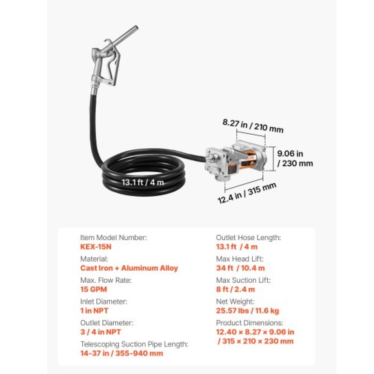 Αντλία μεταφοράς καυσίμου VEVOR, 12V DC 57 L/min, Κιτ αντλίας μεταφοράς ντίζελ από χυτοσίδηρο, με ακροφύσιο χειροκίνητης απενεργοποίησης, σωλήνας εκκένωσης, προστασία υπερθέρμανσης, 1/3 HP αντιεκρηκτικό, για βενζίνη πετρελαίου κηροζίνης