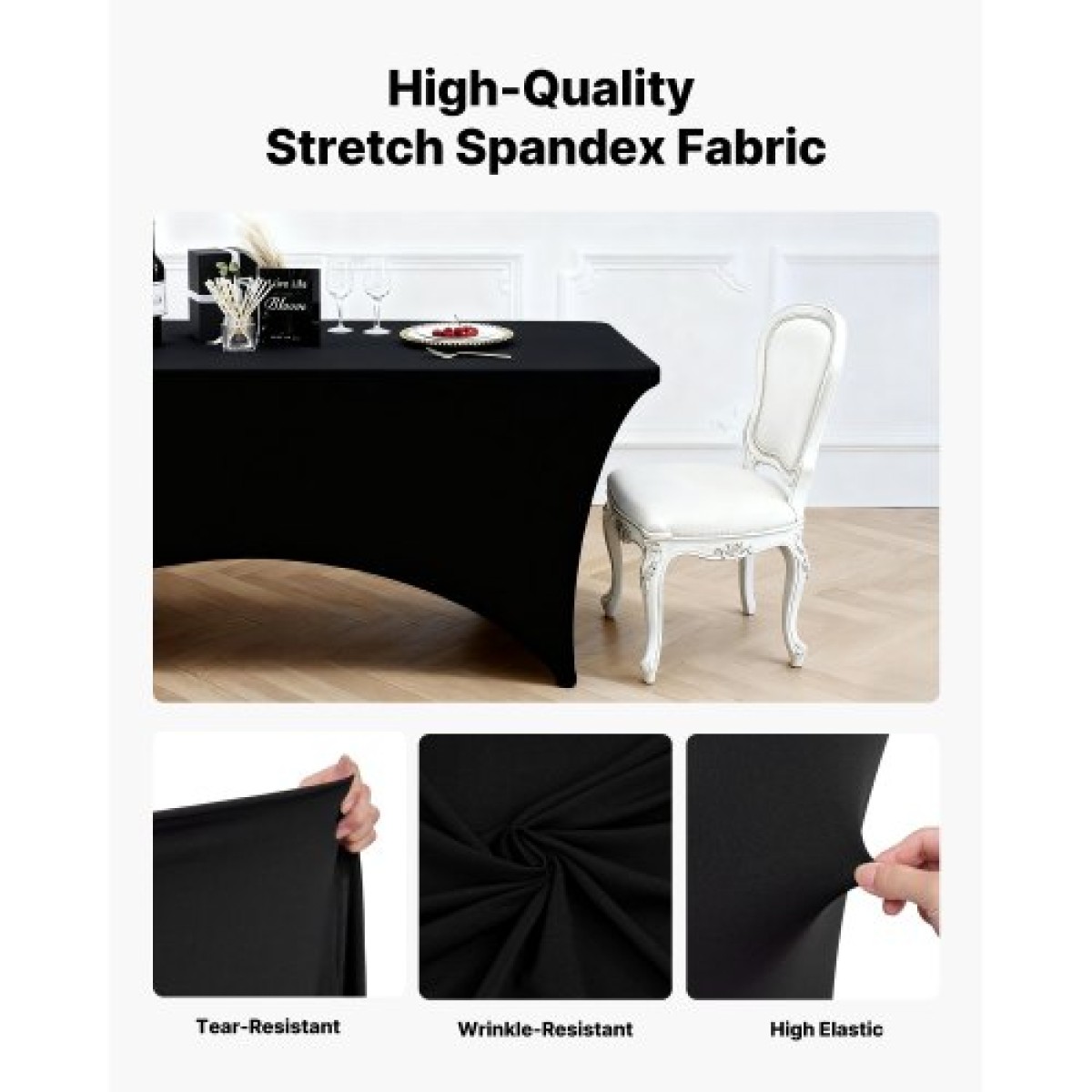 VEVOR 3 Pack Τραπεζομάντιλο για 6FT Ορθογώνια Εφαρμοσμένα Γεγονότα, Ανθεκτικά στις ρυτίδες ελαστικά μαύρα καλύμματα τραπεζιού, Πλενόμενο προστατευτικό τραπεζομάντιλο Spandex, για πάρτι, γάμο, κοκτέιλ, συμπόσιο, φεστιβάλ