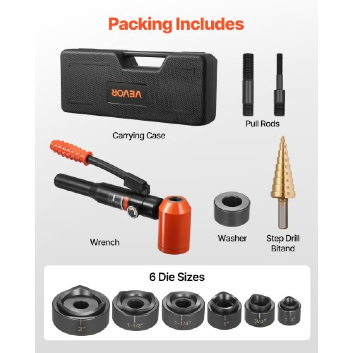 VEVOR Knockout Punch Set, 98,07 kN Hydraulic Knockout Set, 12,7 to 50,8mm KO Tool Kit Hole Making Tool, KO Tools Kit W/6 Die for Metal Electrical Cabinets, Electrical Control Points, Switch Cabine