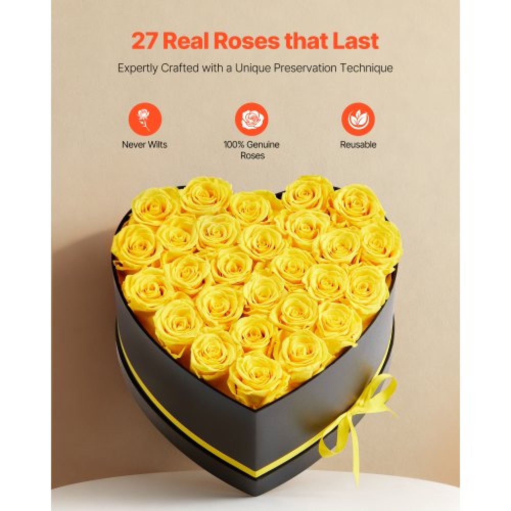 VEVOR Forever Flowers, 27 διατηρημένα τριαντάφυλλα σε κουτί σε σχήμα καρδιάς, Αιώνια λουλούδια Αθάνατη ανθοδέσμη Δώρο γενεθλίων για γυναίκες Μητέρες της γυναίκας της, επέτειος, ημέρα του Αγίου Βαλεντίνου, Χριστούγεννα, Κίτρινο