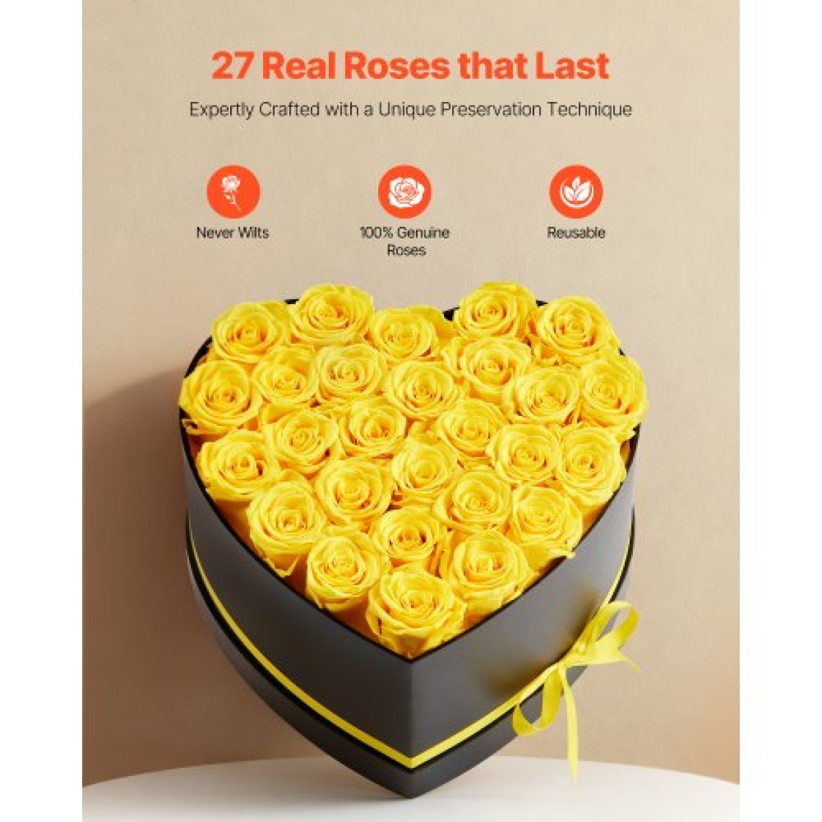 VEVOR Forever Flowers, 27 διατηρημένα τριαντάφυλλα σε κουτί σε σχήμα καρδιάς, Αιώνια λουλούδια Αθάνατη ανθοδέσμη Δώρο γενεθλίων για γυναίκες Μητέρες της γυναίκας της, επέτειος, ημέρα του Αγίου Βαλεντίνου, Χριστούγεννα, Κίτρινο