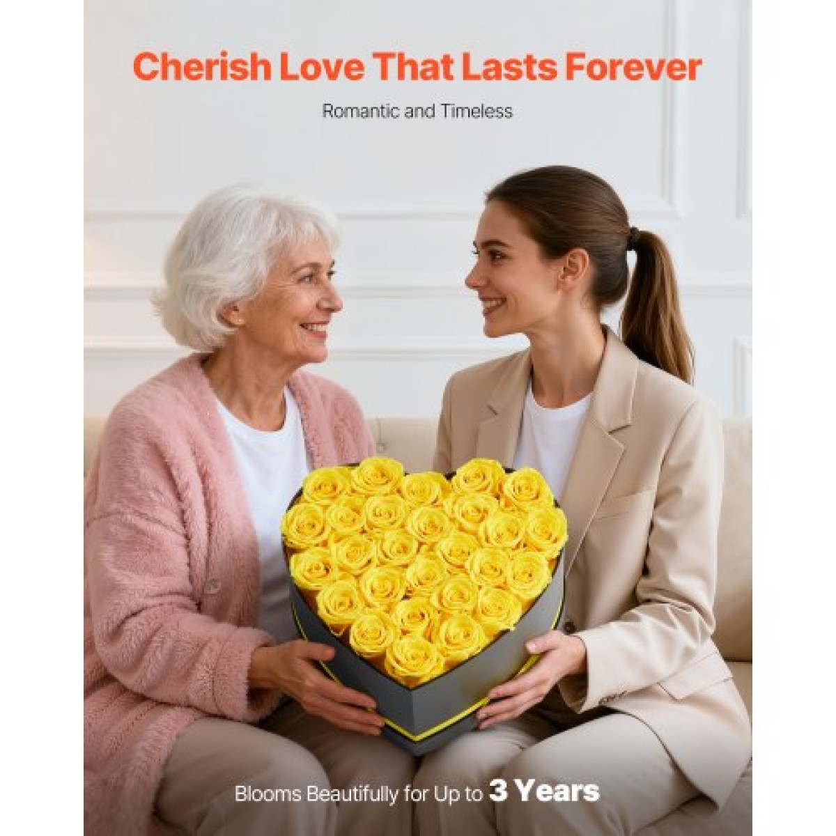 VEVOR Forever Flowers, 27 διατηρημένα τριαντάφυλλα σε κουτί σε σχήμα καρδιάς, Αιώνια λουλούδια Αθάνατη ανθοδέσμη Δώρο γενεθλίων για γυναίκες Μητέρες της γυναίκας της, επέτειος, ημέρα του Αγίου Βαλεντίνου, Χριστούγεννα, Κίτρινο