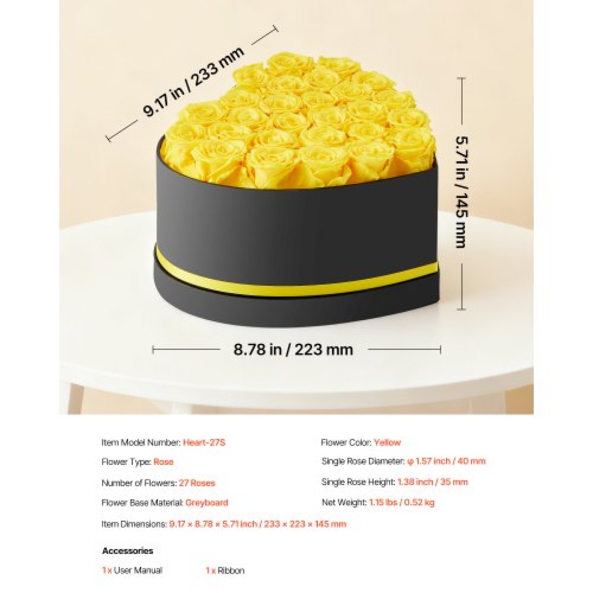 VEVOR Forever Flowers, 27 διατηρημένα τριαντάφυλλα σε κουτί σε σχήμα καρδιάς, Αιώνια λουλούδια Αθάνατη ανθοδέσμη Δώρο γενεθλίων για γυναίκες Μητέρες της γυναίκας της, επέτειος, ημέρα του Αγίου Βαλεντίνου, Χριστούγεννα, Κίτρινο