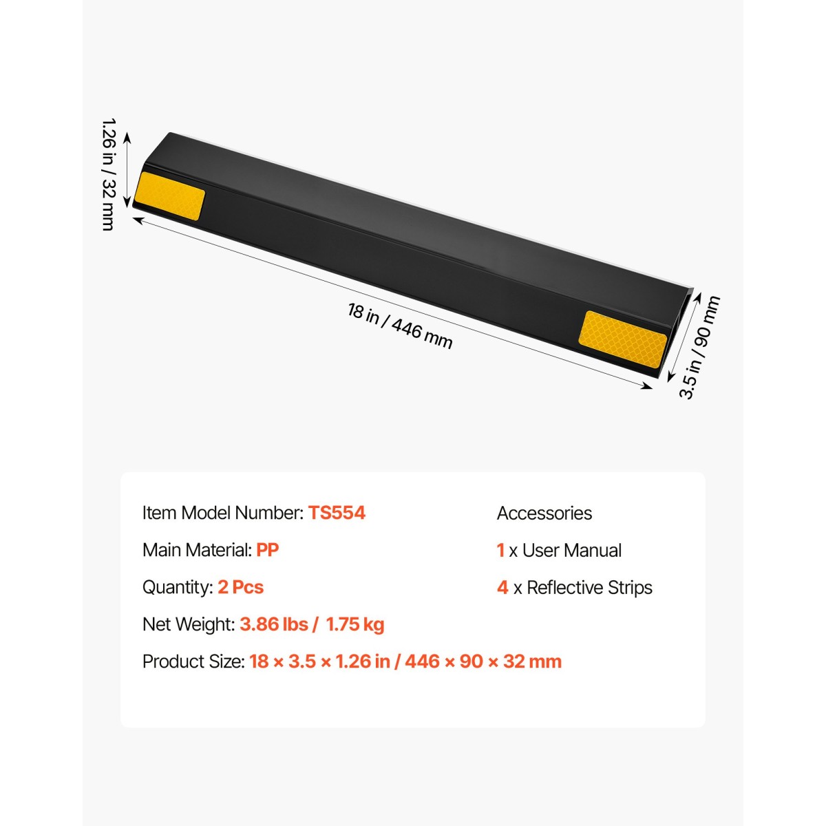 Πώμα στάθμευσης VEVOR, 446 mm 2 τεμ. Βοήθημα στάθμευσης βαρέως τύπου για γκαράζ, PP Curb πώμα δαπέδου γκαράζ με ανακλαστικές λωρίδες, Gadgets οχημάτων για αυτοκίνητα Φορτηγά φορτηγά Οδηγός ελαστικών Μπλοκ στοπ προφυλακτήρες