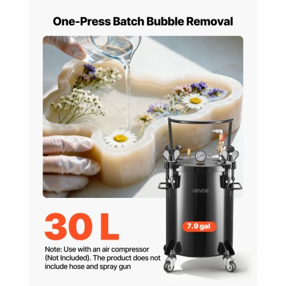 VEVOR Pressure Pot Paint Tank, 30 L Heavy Duty Steel Pressure Pot Tank, Spray Paint Pressures Pots with Three Quick-Connect Couplers for Home Use, DIY, Art Creations, Large-Diameter Tanks