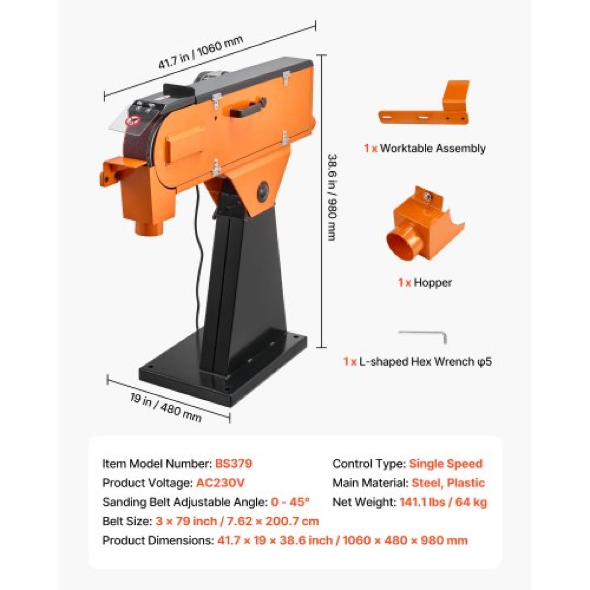 VEVOR 76mm x 2007 mm Belt Grinder Trinder, 2100W 900RPM Λειαντικό μηχάνημα λείανσης βιομηχανικής ποιότητας με ρυθμιζόμενη γωνία 0° - 45° και θύρα συλλογής σκόνης για επαγγελματική ξυλουργική επεξεργασία μετάλλων