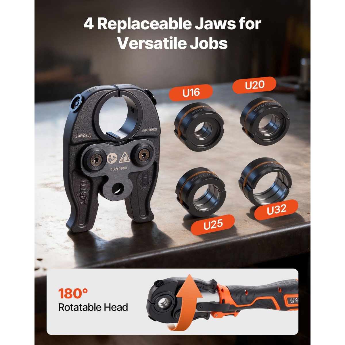 VEVOR Cordless Pipe Tool Kit, 18V Electric Pipe Crimping Tool for PEX & Aluminium-Plastic Tubes - με U16, U20, U25, U32 Press Jaws, 2pcs 2AH Batteries, Fast Charger & Carrying Case