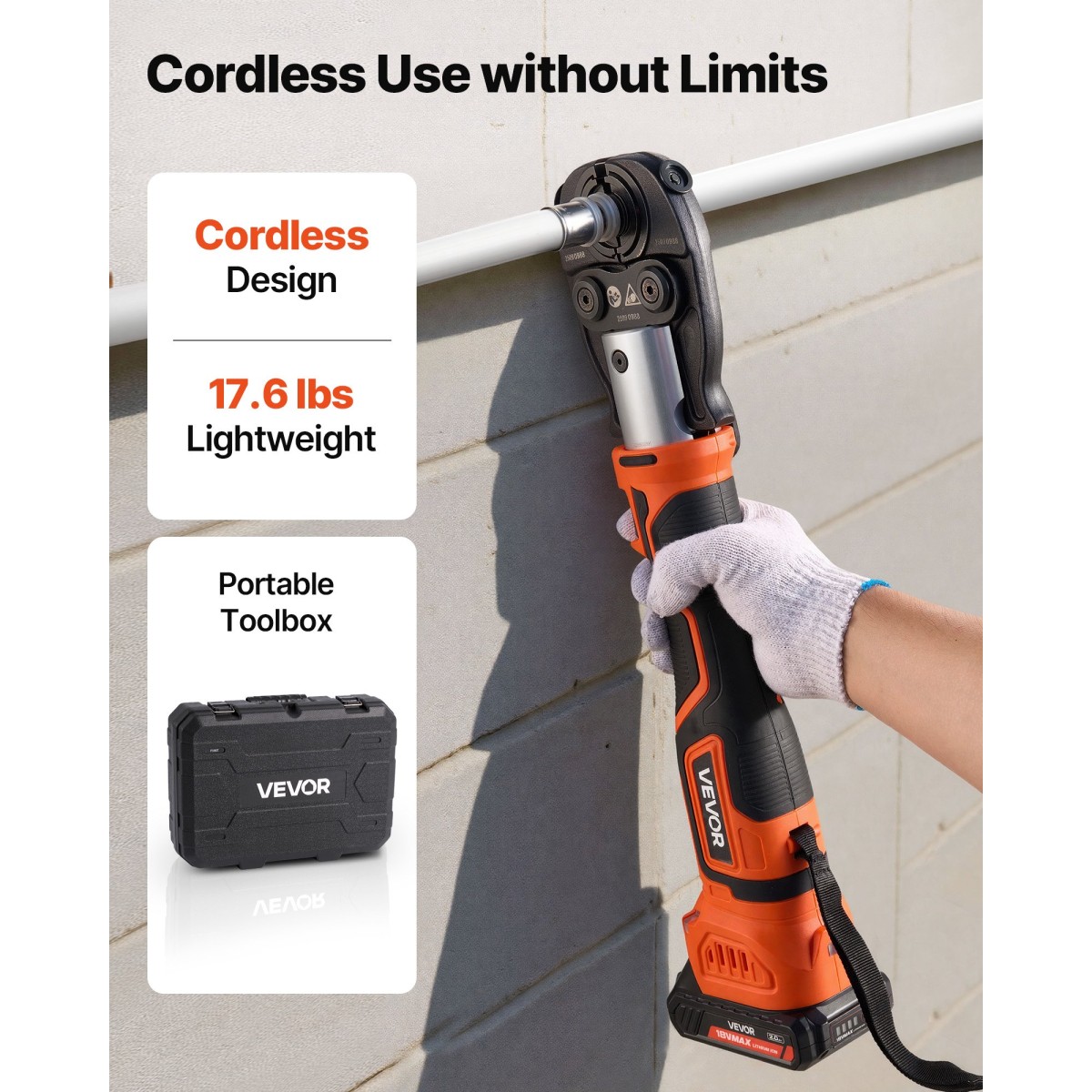VEVOR Cordless Pipe Tool Kit, 18V Electric Pipe Crimping Tool for PEX & Aluminium-Plastic Tubes - με U16, U20, U25, U32 Press Jaws, 2pcs 2AH Batteries, Fast Charger & Carrying Case