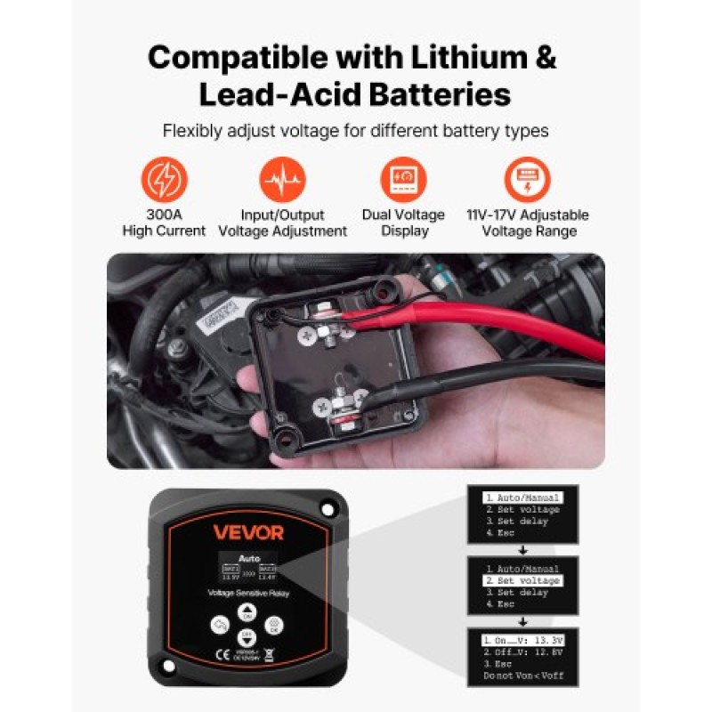 VEVOR Dual Battery Isolator Kit, 12V 300 Amp 33,6 mm² (2 AWG), χειροκίνητο και αυτόματο VSR Voltage Sensitive Relay με βολτόμετρο, οθόνη LCD, Smart Battery Isolator, Συμβατό με μπαταρίες λιθίου, για UTV, ATV