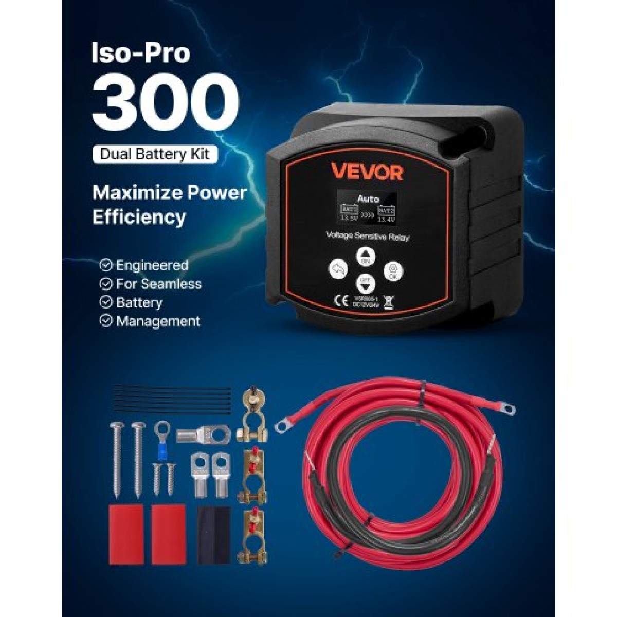 VEVOR Dual Battery Isolator Kit, 12V 300 Amp 33,6 mm² (2 AWG), χειροκίνητο και αυτόματο VSR Voltage Sensitive Relay με βολτόμετρο, οθόνη LCD, Smart Battery Isolator, Συμβατό με μπαταρίες λιθίου, για UTV, ATV