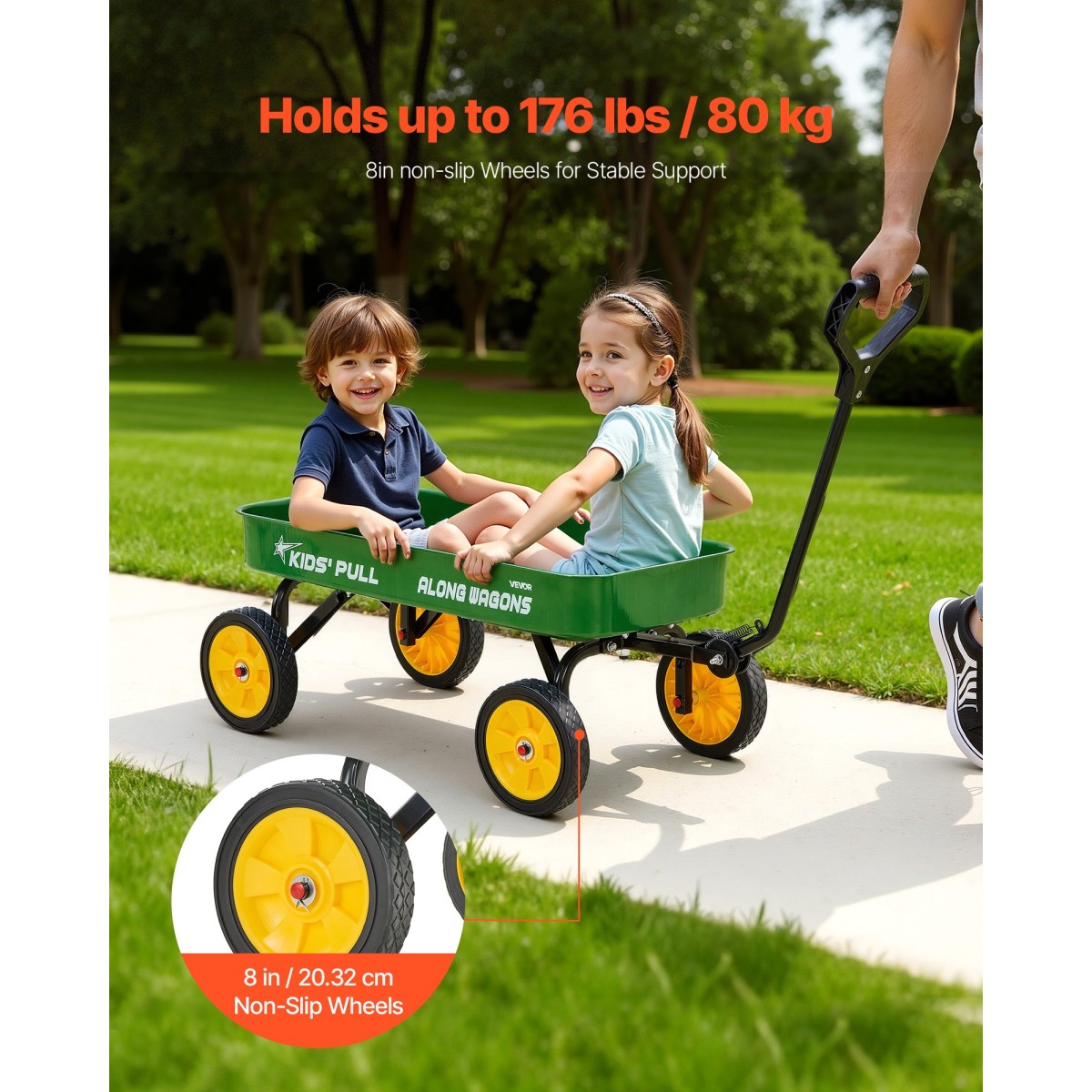 VEVOR Pull-Along Βαγόνι για παιδιά, Βαγόνια νηπίων 101 cm, Υποστηρίζει έως 80 κιλά, Βαγόνια παντός εδάφους με λαβή, Δώρο γενεθλίων για παιδική κηπουρική Παραλία Κάμπινγκ, Πράσινο
